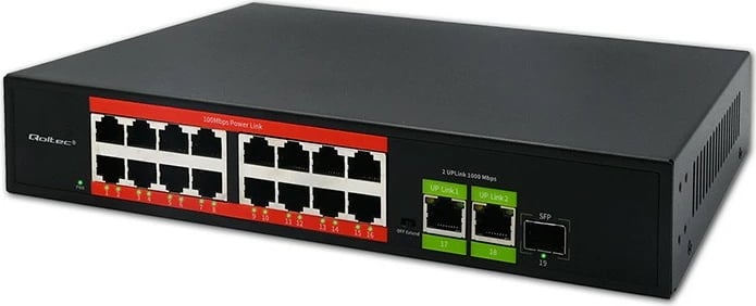Switch Qoltec 52291 16x RJ45 10/100 PoE, 2x RJ45 uplink 1000, 1x SFP 1000, unmanaged