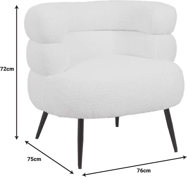 Fotel me pëlhurë boucle, ngjyrë e bardhë, këmbë metalike të zeza, 76x75x72cm
