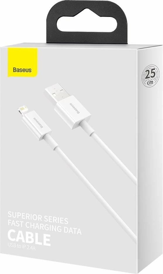 Kabllo Baseus Superior USB në Lightning, 0.25m, 2.4A, Bardhë Kabllo Baseus Superior USB në Lightning, 0.25m, 2.4A, Bardhë