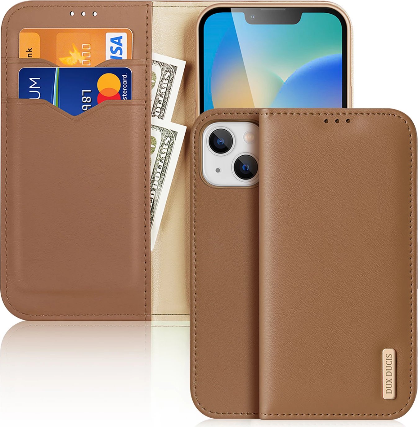 Mbështjellës Dux Ducis Hivo për iPhone 14, lëkurë natyrale, kafe