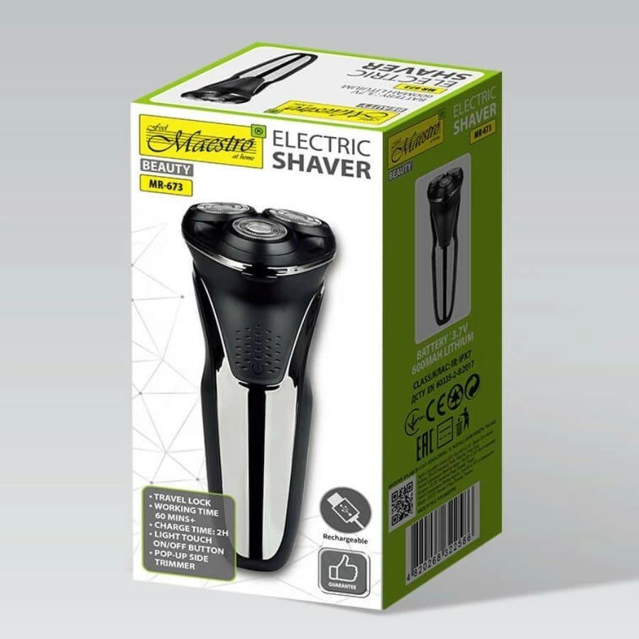 Makinë rroje elektrike meshkuj, Feel-Maestro, MR-673, 600 mAh/60 min, USB-C, IPX7, trimer anësor, e zezë/argjendtë