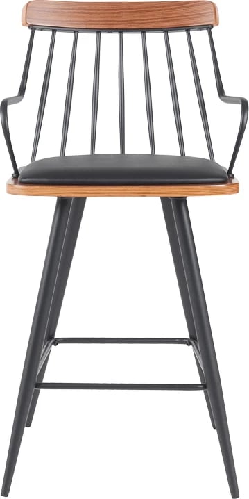 Karrige për bar Posse, metal i zi, dru arre, ulëse lëkure e zezë, 48x54x92.5cm
