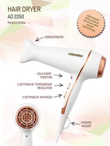 Tharëse flokësh, Adler Mesko, MS 2250, 2100W, 2 shpejtësi, 3 temperatura, Cold Shot, me koncentrator, e bardhë/rozë gold