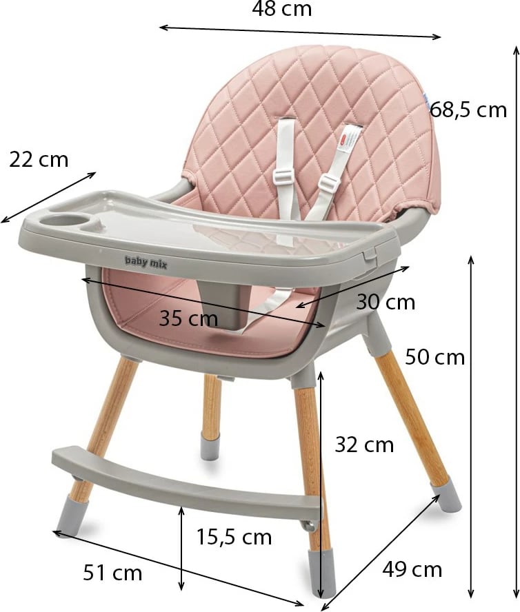 karrige ushqimi e lartë, Baby Mix, Freja, 2-në-1 e kthyeshme në karrige të ulët, tabaka dyshe e rregullueshme, këmbë druri, rrip 5-pikësh, rozë e zbehtë