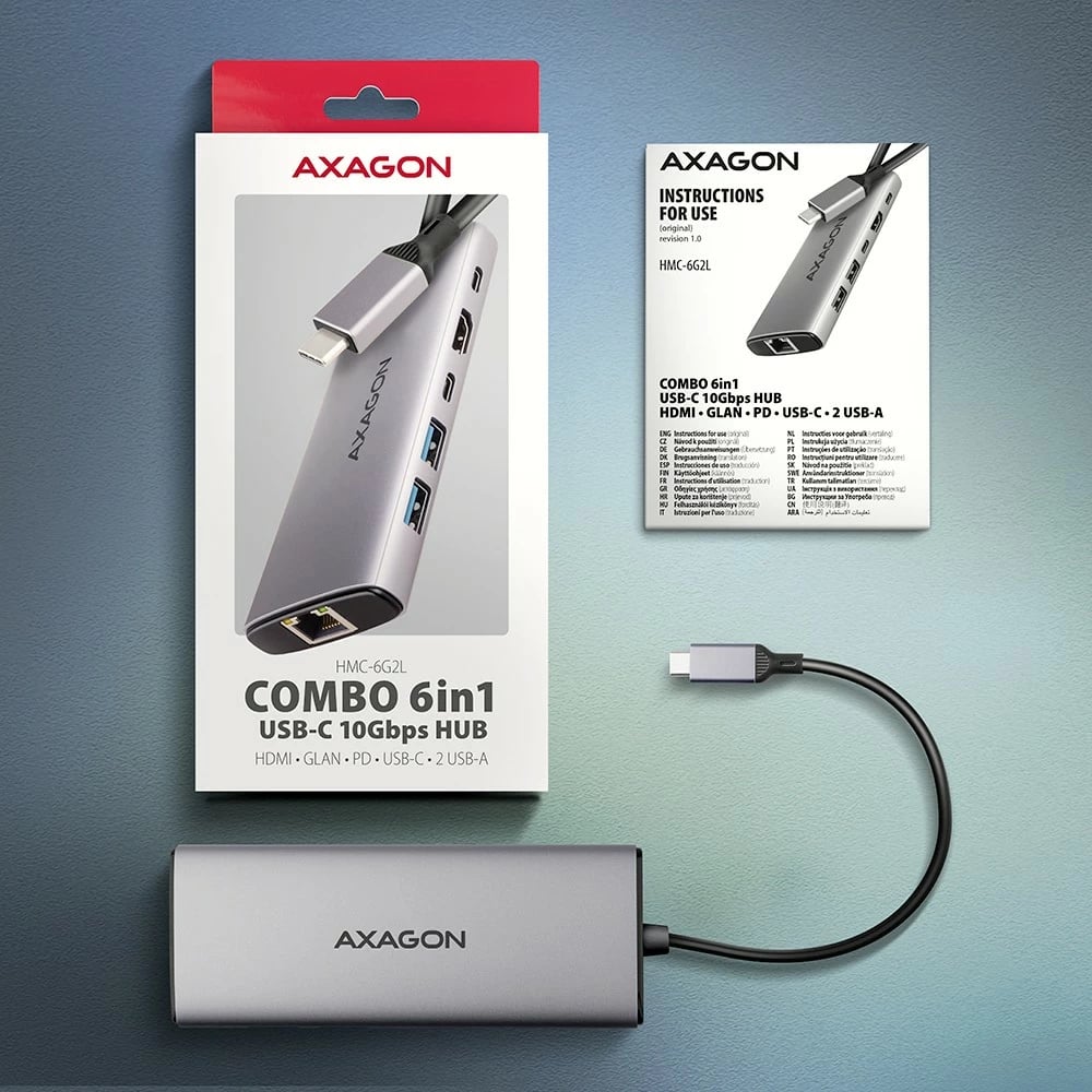 Hub USB-C AXAGON HMC-6G2L 6-në-1, 10Gbps, HDMI 4K/60Hz, PD 100W, Gri