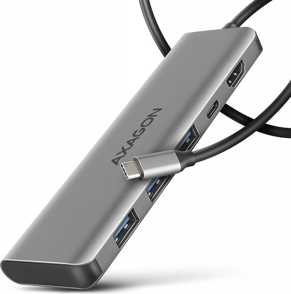 Hub USB-C AXAGON HMC-5H 5-në-1, 3x USB-A, HDMI 4K, Power Delivery 100W, 100cm, Gri