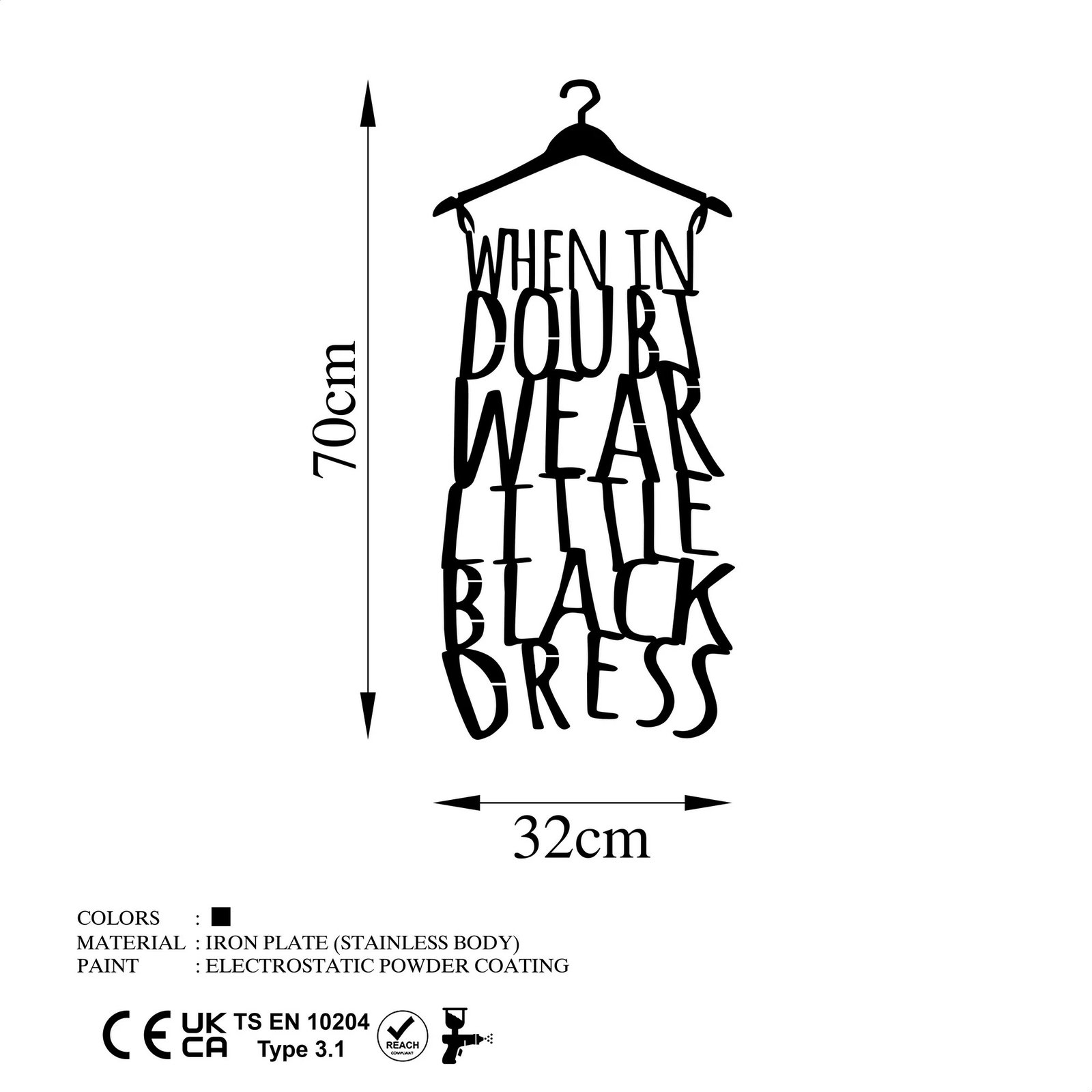 Aksesor muri dekorativ prej metali, Wallity, When In Doubt Wear Little Black Dress, ngjyrë e zezë, 32x70cm