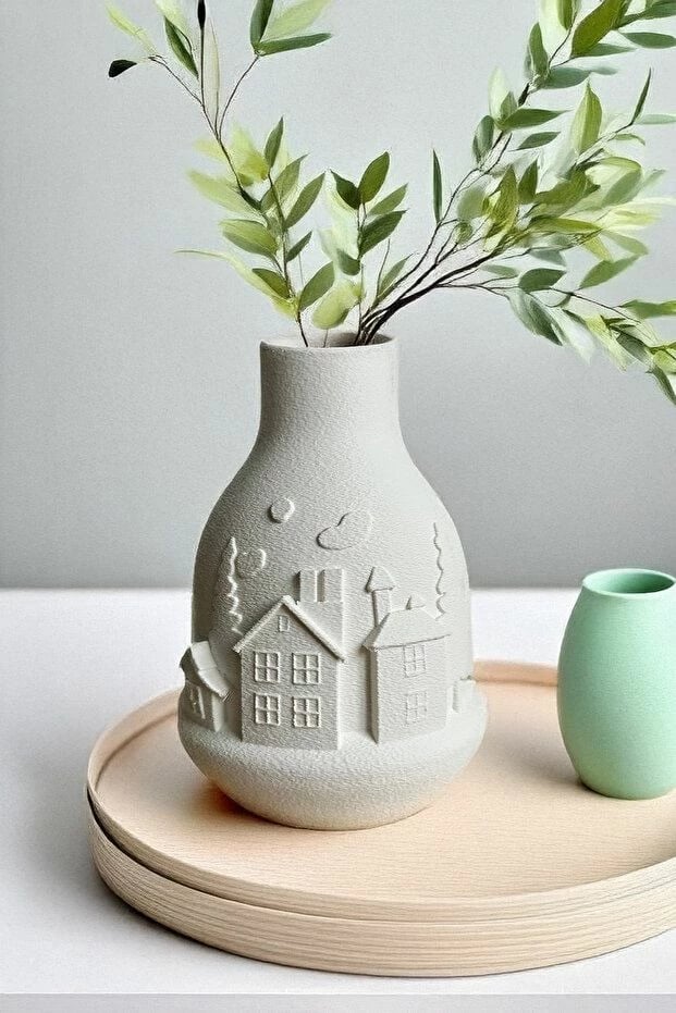 Vazo dekorative Evila Originals, motiv 'Winter Village', e bardhë, 20cm