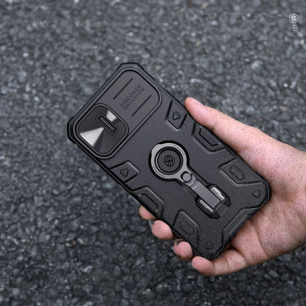 Mbështjellës Nillkin CamShield Armor Pro Magnetic për iPhone 14 Plus, me kapak kamere, unazë dhe MagSafe, i zi