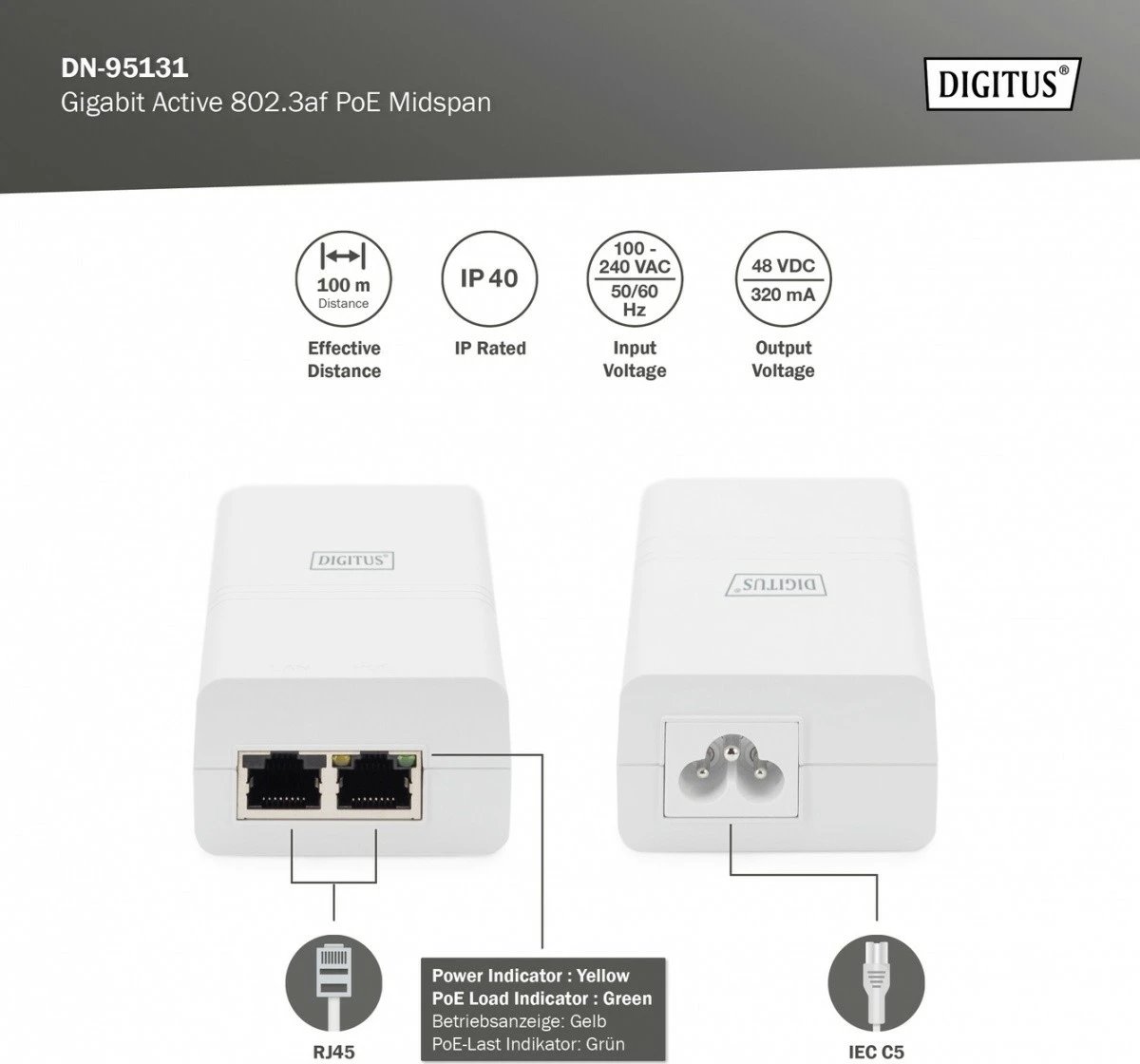 PoE furnizues energjie Digitus DN-95131, 48V, 15.4W, Gigabit, i bardhë