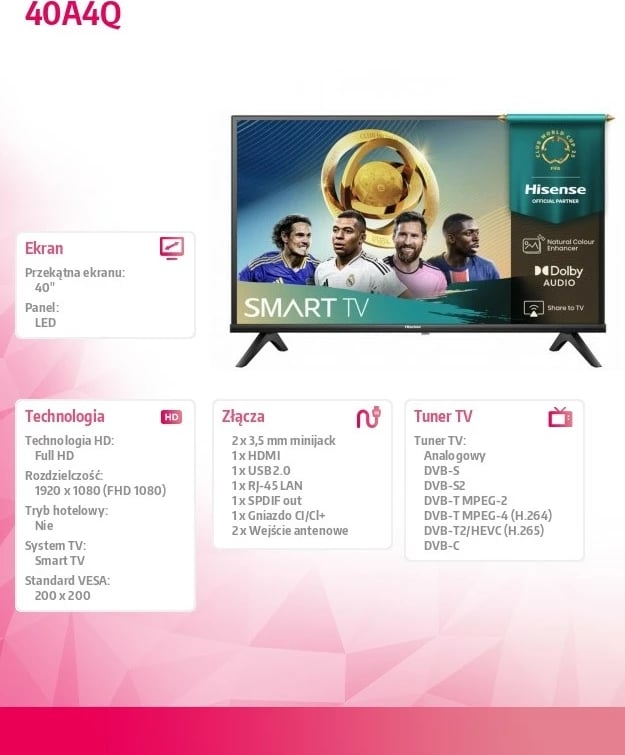 Televizor LED, Hisense 40A4Q, 40" Full HD, Smart TV VIDAA, HDR10, Wi‑Fi