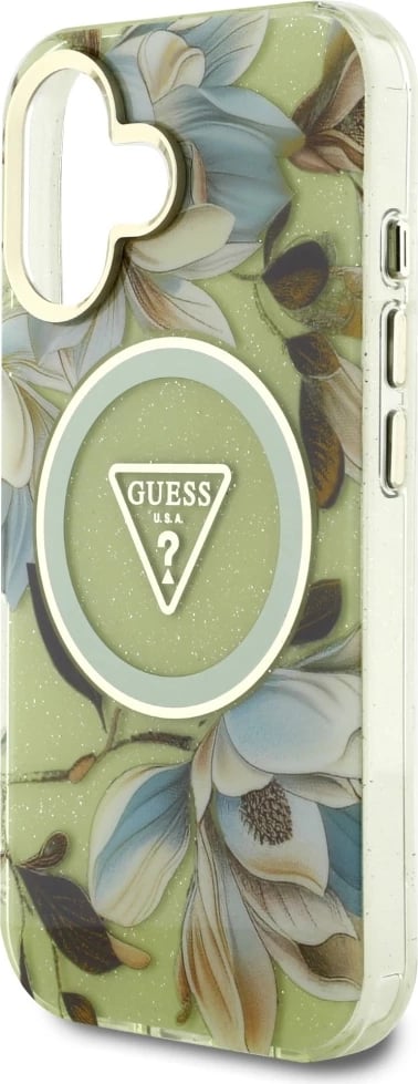 Mbështjellës Guess Glitter Flowers Triangle Buttons MagSafe për iPhone 16, Gjelbër
