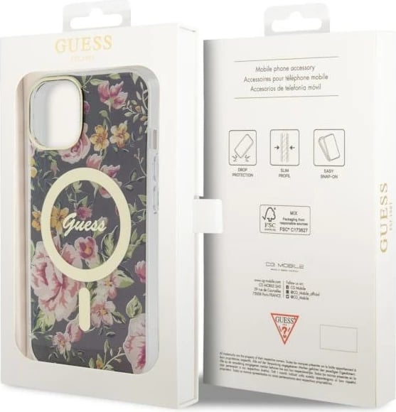 Mbështjellës Guess GUHMP14MHCFWSK për iPhone 14 Plus 6.7", Flower MagSafe, zi