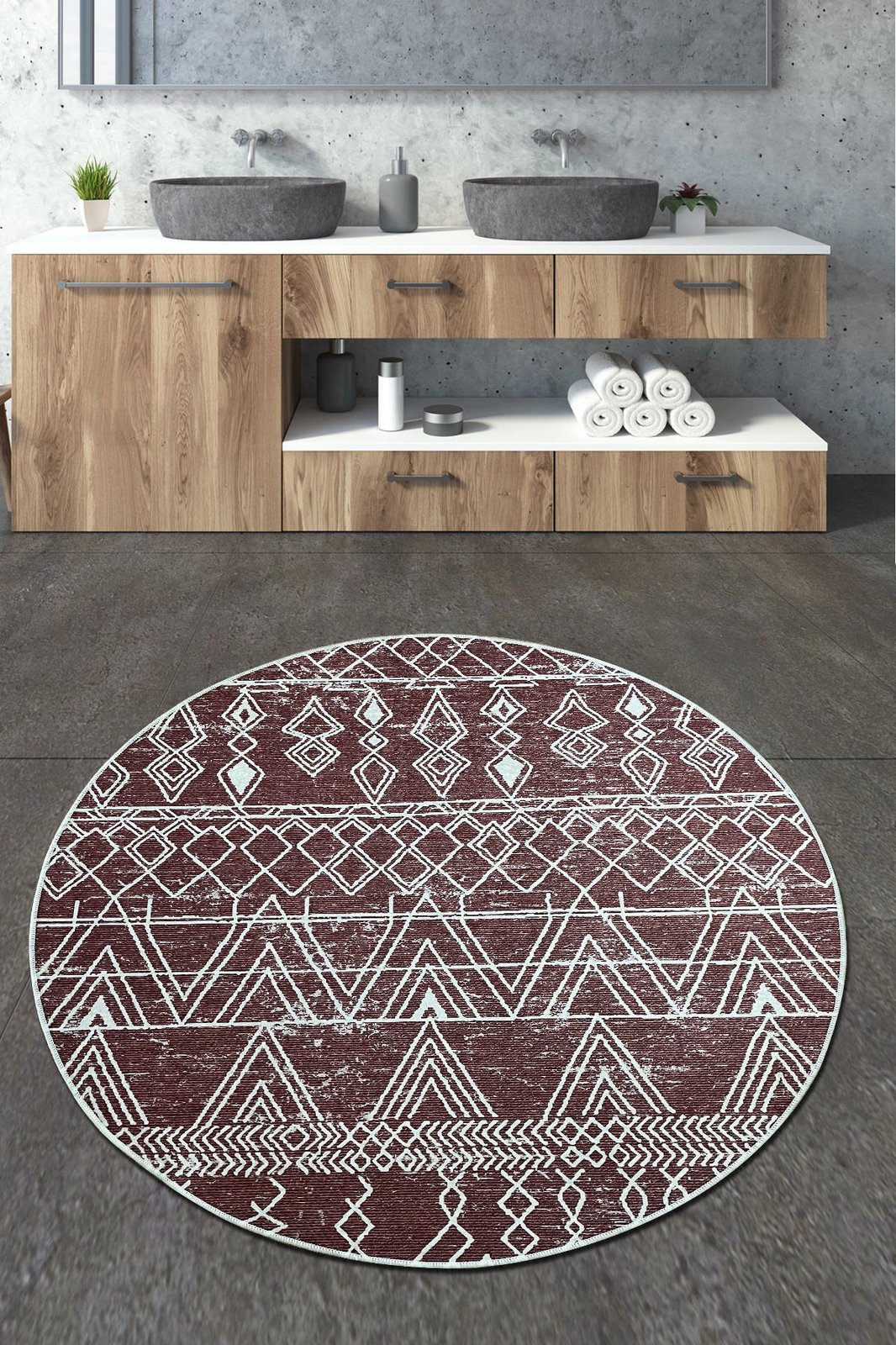 Tapet banje i rrumbullakët, ngjyrë e kuqe e thellë dhe e bardhë, 120cm