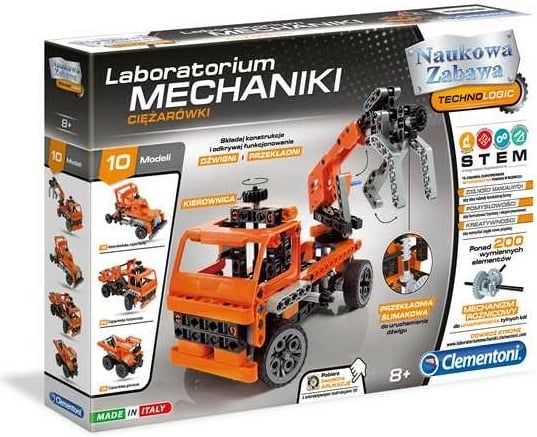 Set ndërtimi Clementoni Mechanics Laboratory Trucks, 10 modele, 200 pjesë, Portokalli