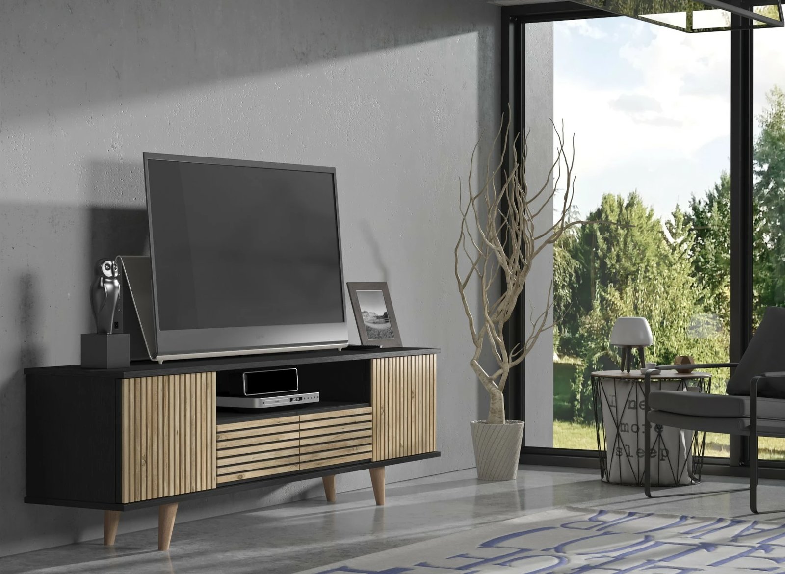 Komodë TV Hanah Home, FRN-9000, ngjyrë druri, e zezë, Atlantic Pine, 180x55x35cm