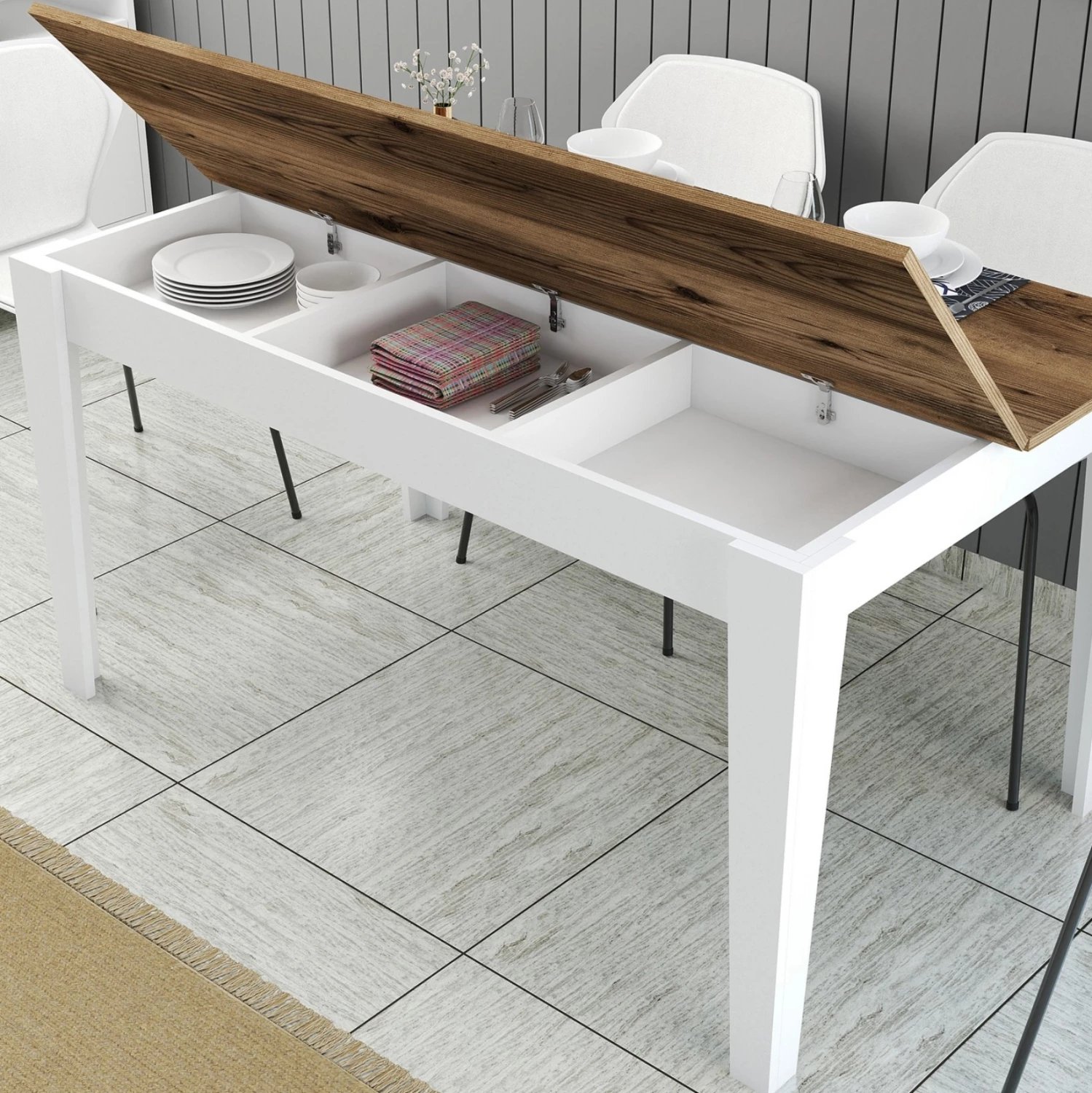 Tavolinë ngrënie standarde, FH9507.07, melaminë, ngjyrë e bardhë-dru arre, me hapësirë ruajtjeje, 145x88x75H cm