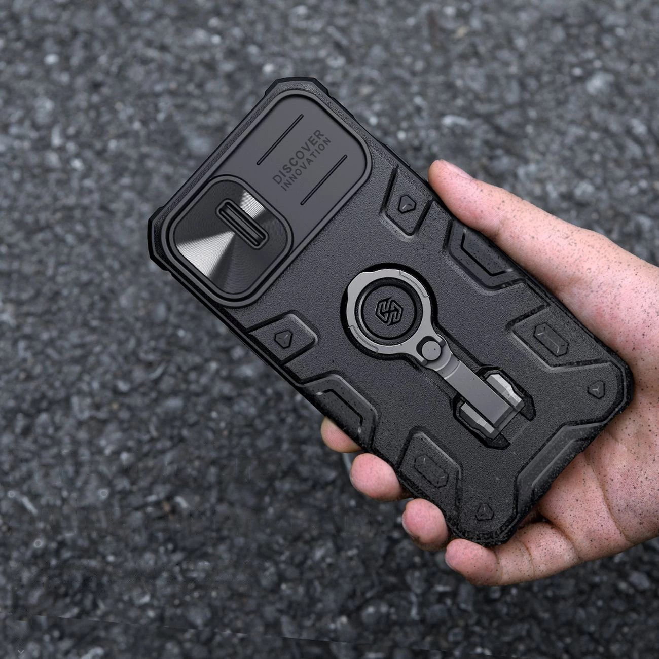 Mbështjellës Nillkin CamShield Armor Pro për iPhone 14 Plus, me mbrojtës kamere, mbajtëse unaze, i zi