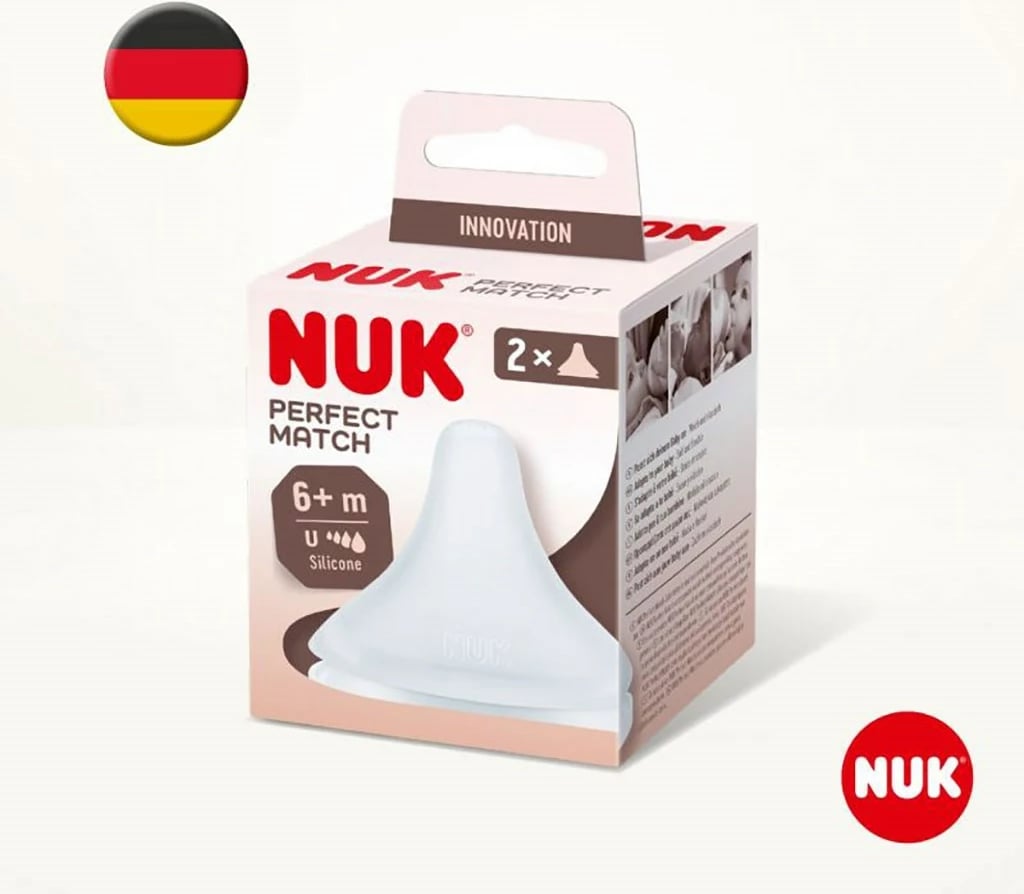 Cicë biberoni NUK Perfect Match Universal, silikon pa BPA, 6+ muaj, 2 copë, transparente
