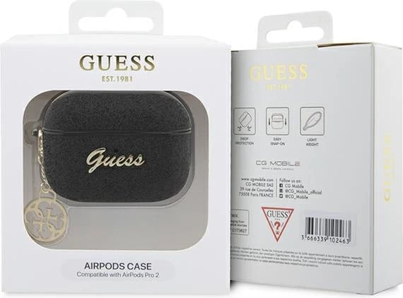 Mbështjellës Guess 4G Glitter Flake për AirPods Pro 2, me karabiner, i zi