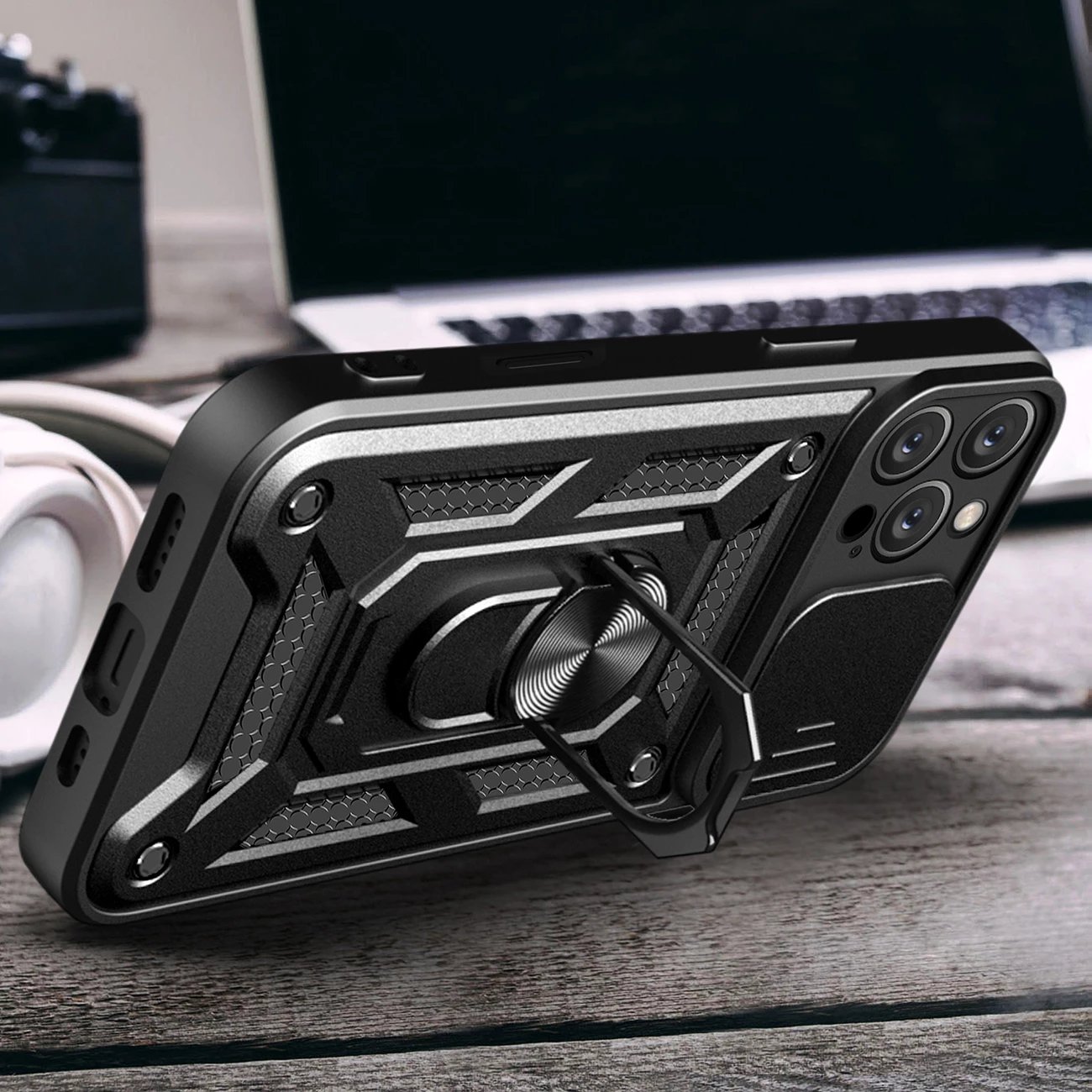 Mbështjellës Hurtel Hybrid Armor Camshield për iPhone 16 Pro Max, me mbulesë kamere dhe qëndrim, zi