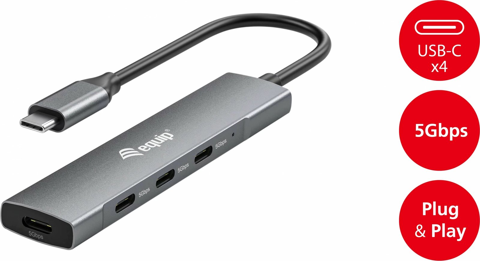 USB hub Equip 4 porte USB 3.2 Gen 1 Type-C, alumini, zi, argjendt, 0.15m