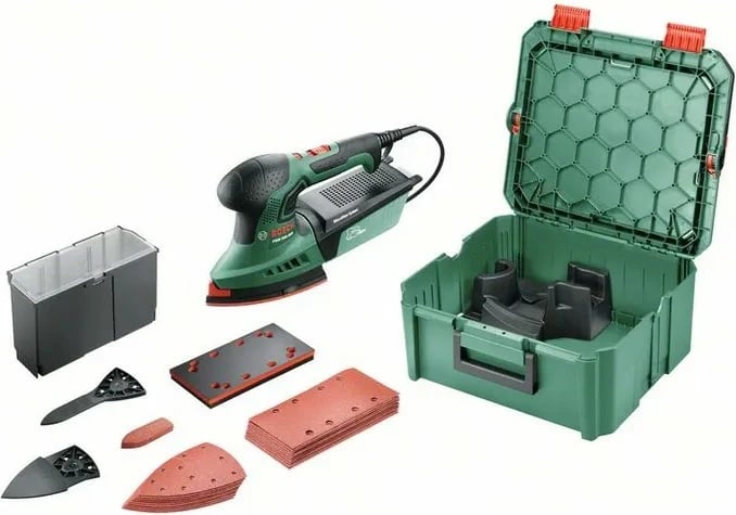 Multi-sharrë Bosch PSM 200, 200W, me rregullim shpejtësie, set letre zmerile, e gjelbër/zezë