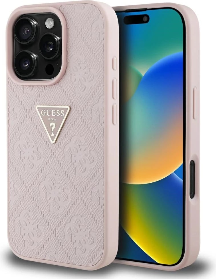 Mbështjellës Guess Hot Stamp 4G Pattern Triangle Metal Logo për iPhone 16 Pro Max, Rozë