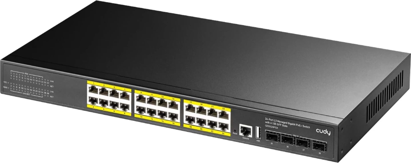 24-Port Layer 3 Managed Gigabit PoE+ Switch with 4 10G SFP Slots, 400W
