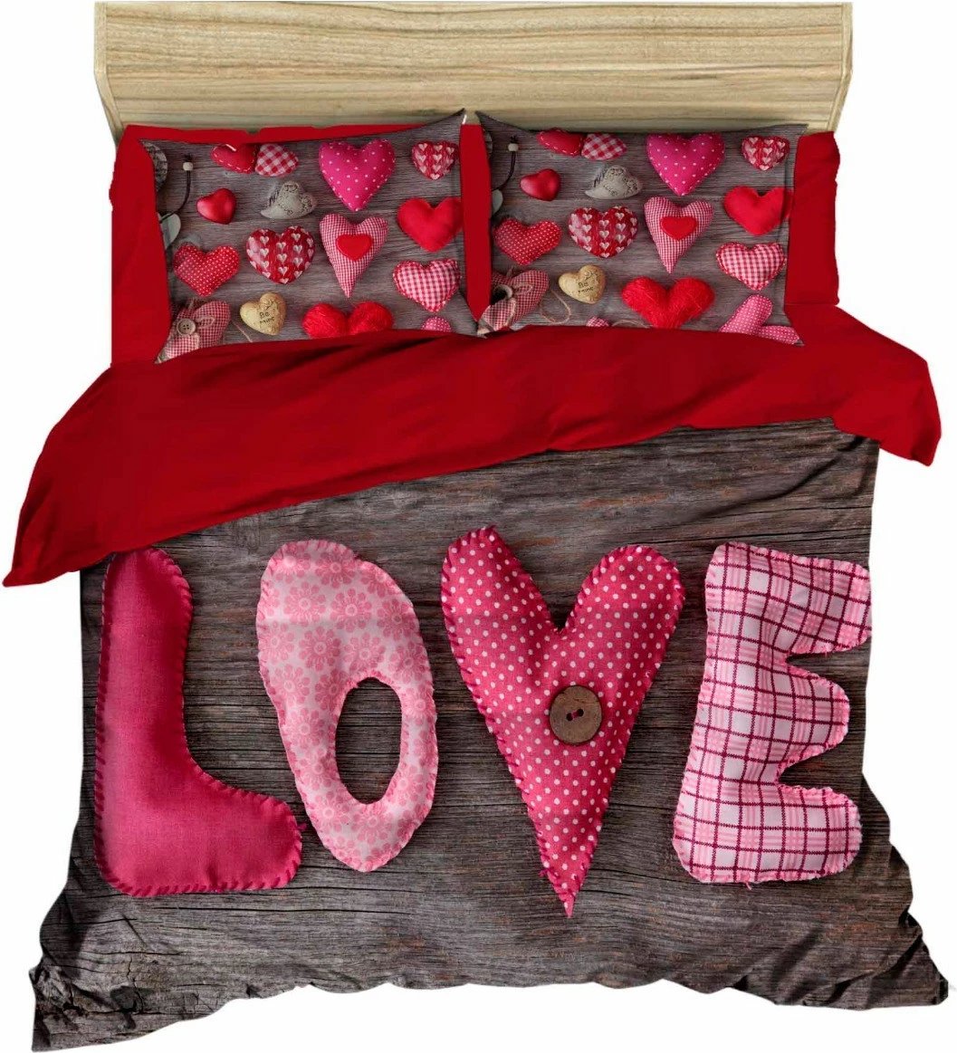 Set mbulesë për jorgan King, dizajn dashurie, ngjyrë e kuqe, gri, rozë, L'essentiel, 177