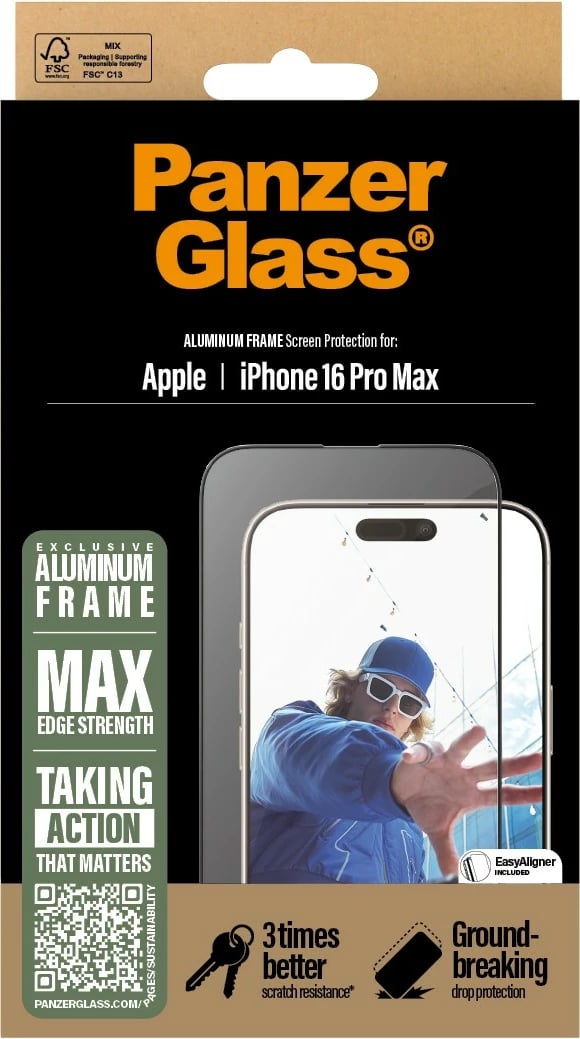 Mbrojtës ekrani PanzerGlass për iPhone 16 Pro Max, kornizë alumini