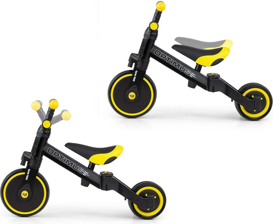 tricikel 3-në-1, Milly Mally Optimus, pedale të heqshme, rrota shkumë, sedilje e rregullueshme, i palosshëm, 12m+, e zezë