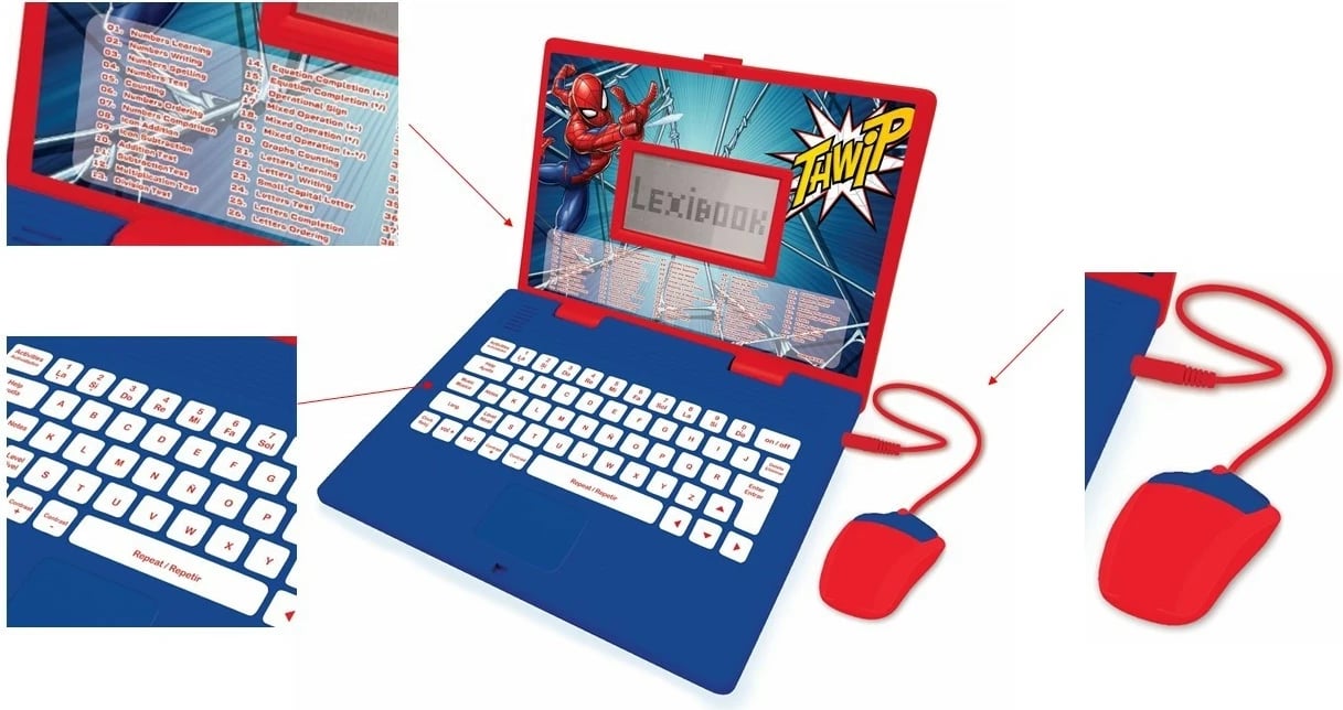 Laptop edukativ Lexibook Spider-Man, 186 aktivitete, dy gjuhë, Blu e Kuqe
