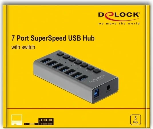 USB hub DeLOCK 7 porta, USB 3.2 Gen 1, alumini, 1m, hiri