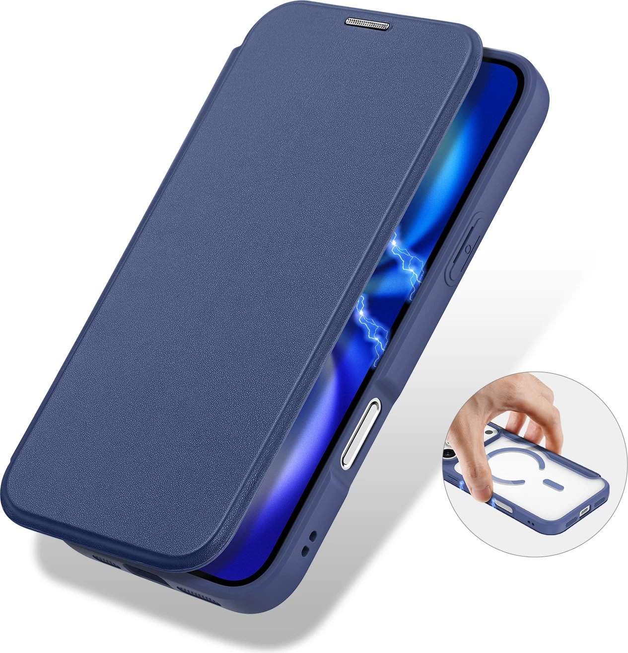 Mbështjellës, Dux Ducis, Skin X Pro iPhone 17 Pro, me portofol, kompatibil MagSafe, me bllokim RFID, blu