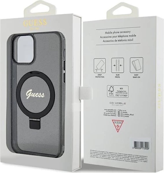 Mbështjellës Guess Ring Stand Script Glitter MagSafe për iPhone 12/12 Pro, i zi