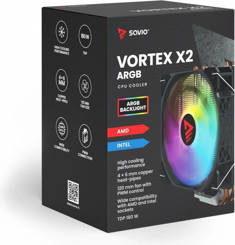 Kasë ftohëse procesori Savio Vortex X2 ARGB, 120 mm, 4 heatpipe, ARGB Kasë ftohëse procesori Savio Vortex X2 ARGB, 120 mm, 4 heatpipe, ARGB