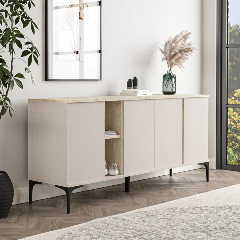 Sideboard Vetine ngjyrë gri-bezhë, sipërfaqe me pamje mermeri, 180x45x80cm