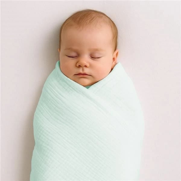batanije muslin për bebe, NEW BABY, 70x100 cm, 100% pambuk, dy shtresa, ngjyrë mente