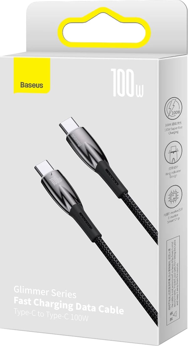 Kabllo karikimi e shpejtë Baseus Glimmer Series USB-C, 2m, 100W, 480Mbps, e zezë Kabllo karikimi e shpejtë Baseus Glimmer Series USB-C, 2m, 100W, 480Mbps, e zezë