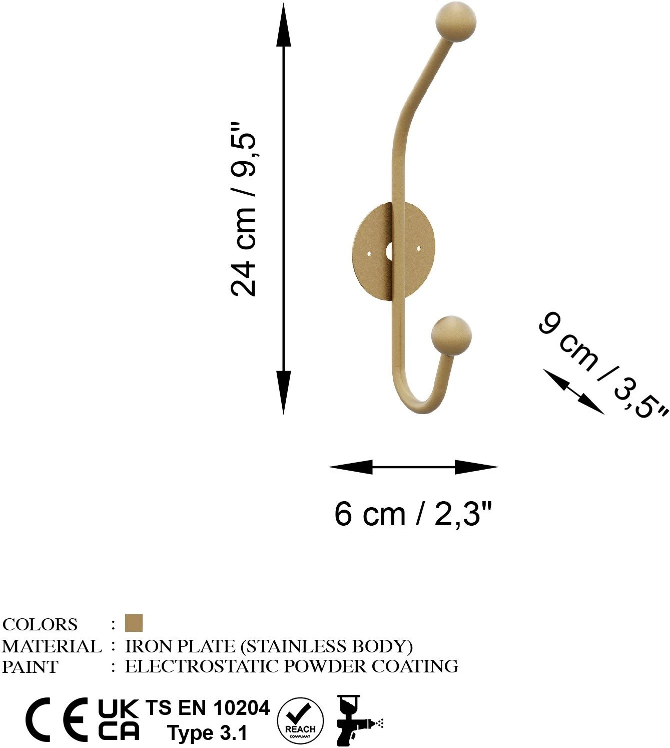 Varëse muri metalike, ngjyrë ari, Rhino-A, 6x9cm, lartësi 24cm