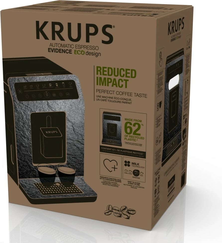 Aparat kafeje Krups Evidence ECO-Design EA897A, 2.3L, mulli i integrum, 1450W, zi/gri