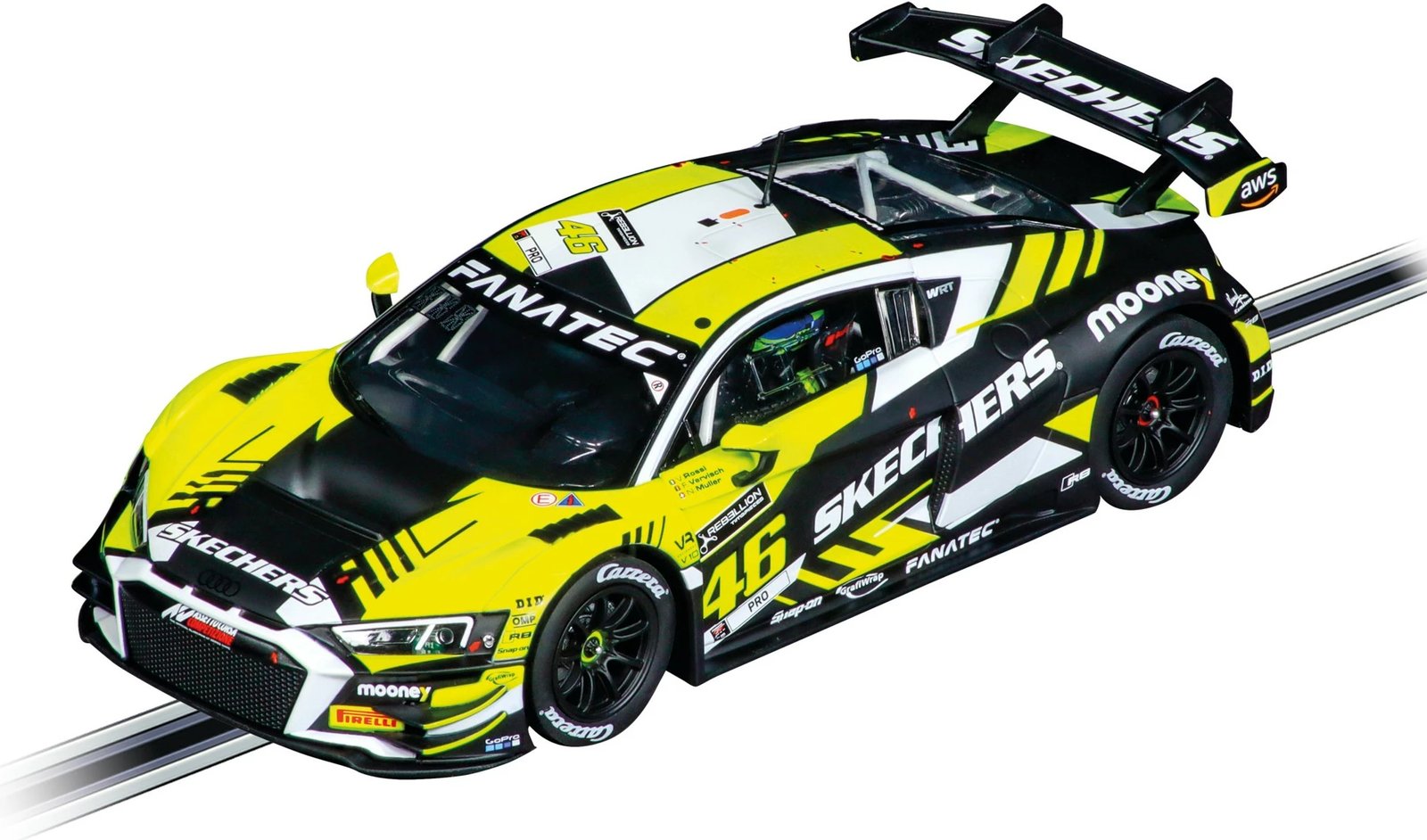 Makina drift Carrera Audi R8 LMS GT3 evo II, Valentino Rossi No.46, 1:24, zezë dhe verdhë