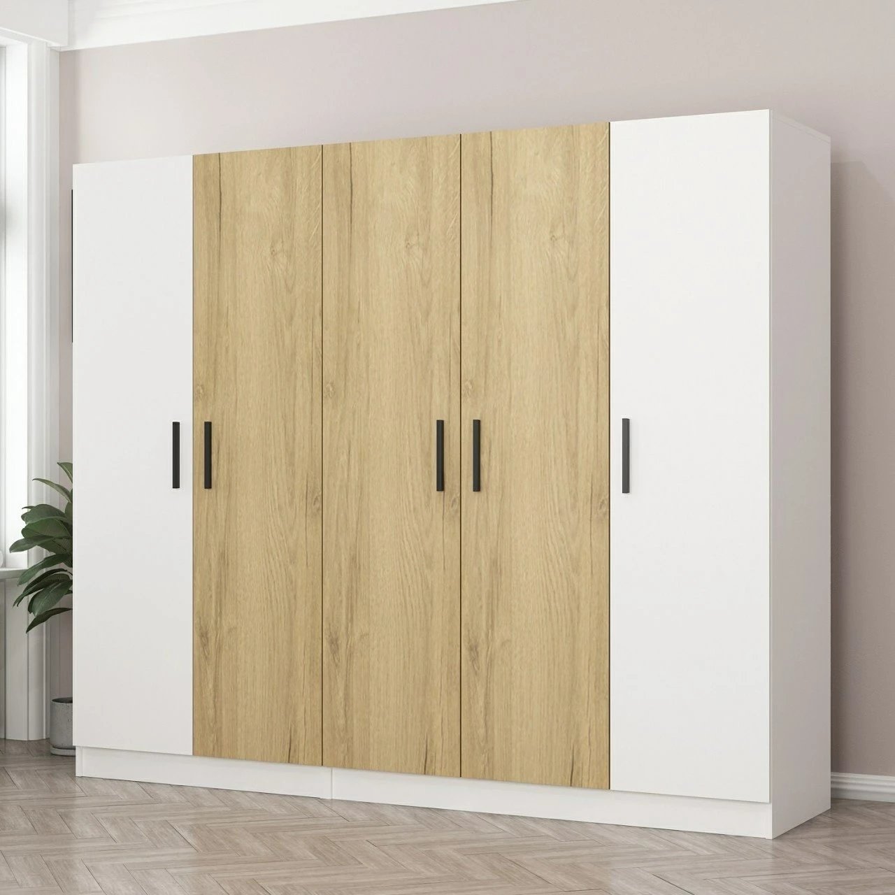 Dollap Hanah Home, Kale - 3110, ngjyrë e bardhë dhe dru natyral, 225x190x52cm