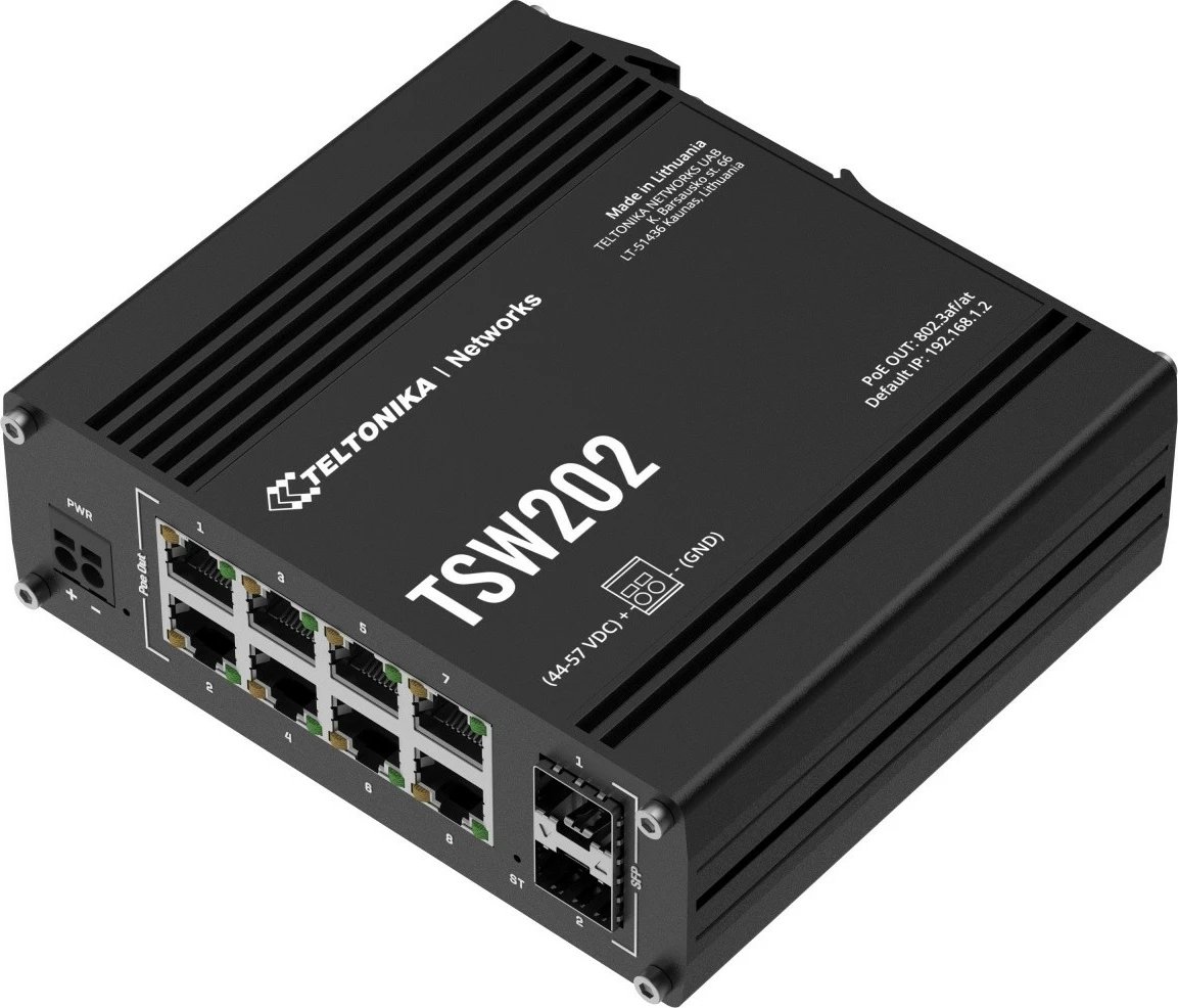 Switch industrial i menaxhuar Teltonika TSW202, 8x Gigabit LAN, 2x SFP, PoE+, i zi