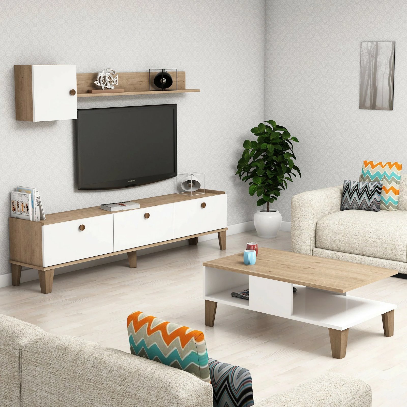 Set mobiljesh për dhomë dite, ngjyrë lis dhe e bardhë, Sumer 1, Hanah Home Set mobiljesh për dhomë dite, ngjyrë lis dhe e bardhë, Sumer 1, Hanah Home