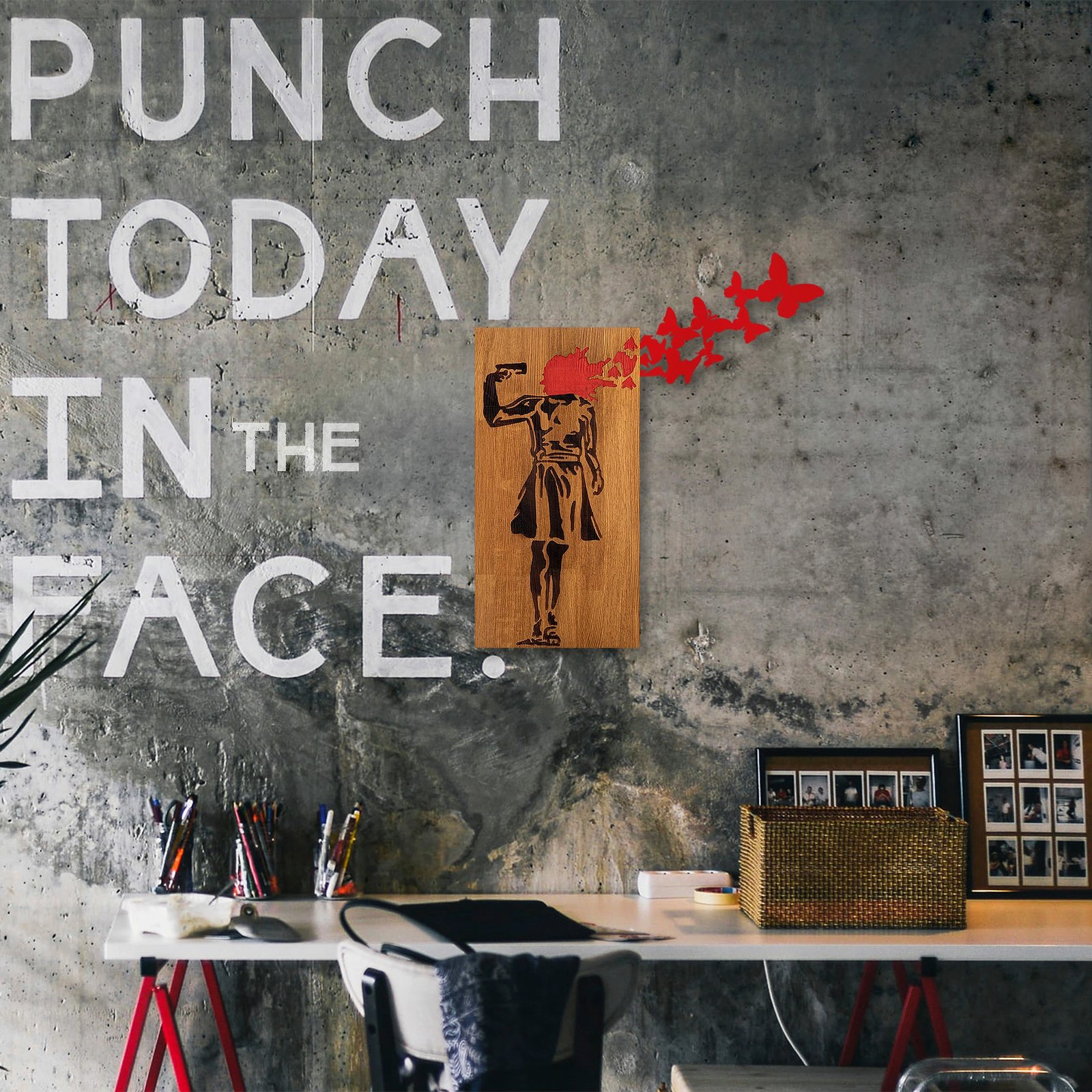 Aksesor dekorativ prej druri për mur, Wallity Banksy - 16, ngjyrë arre dhe e zezë, 99x34cm