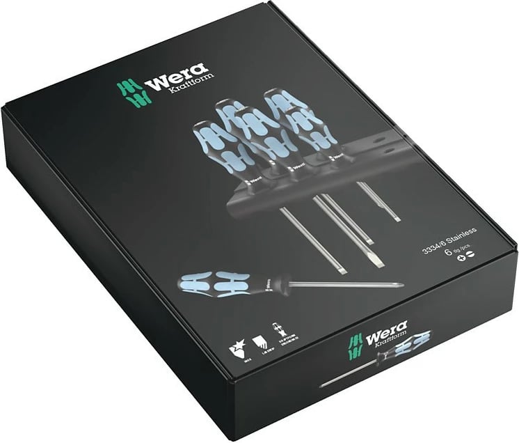 Set kaçavidash Wera 3334/6, 6 copë, krom, me mbajtëse, zi/blu