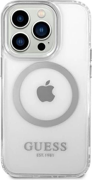 Mbështjellës Guess Metal Outline Magsafe për iPhone 14 Pro Max 6.7", argjendtë/transparente