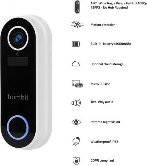Zile e mençur Hombli, Smart Doorbell Pack, e zezë, e bardhë Zile e mençur Hombli, Smart Doorbell Pack, e zezë, e bardhë